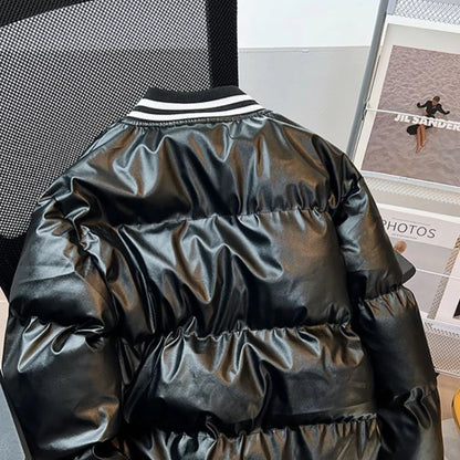 Gmiixder American Baseball Uniform PU Bomber Jacket Hip Hop Thickened Stand Collar Parkas Loose Versatile Couple Winter Coat