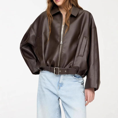 Jaqueta de Couro Feminina KIDCRKJ Moda Primavera com Gola Entalhada, Zíper, Manga Longa, Casaco Feminino de PU com Amarração, Sobretudo Solto