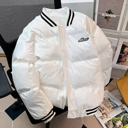 Gmiixder American Baseball Uniform PU Bomber Jacket Hip Hop Thickened Stand Collar Parkas Loose Versatile Couple Winter Coat
