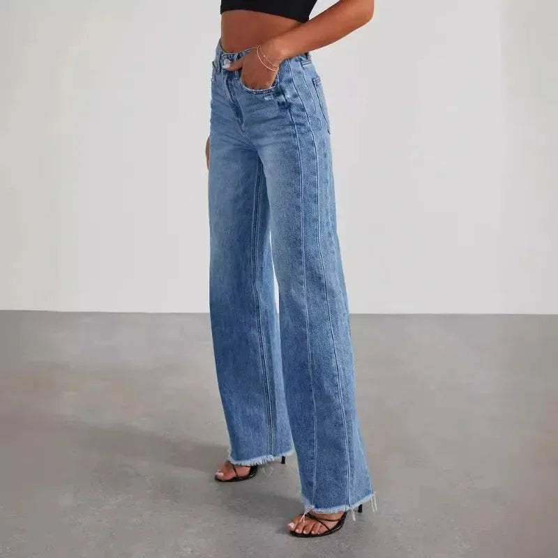 Calça Jeans Feminina Primavera Verão, Cor Sólida, Modelagem Larga, Costura Lateral e Barra Desfiada