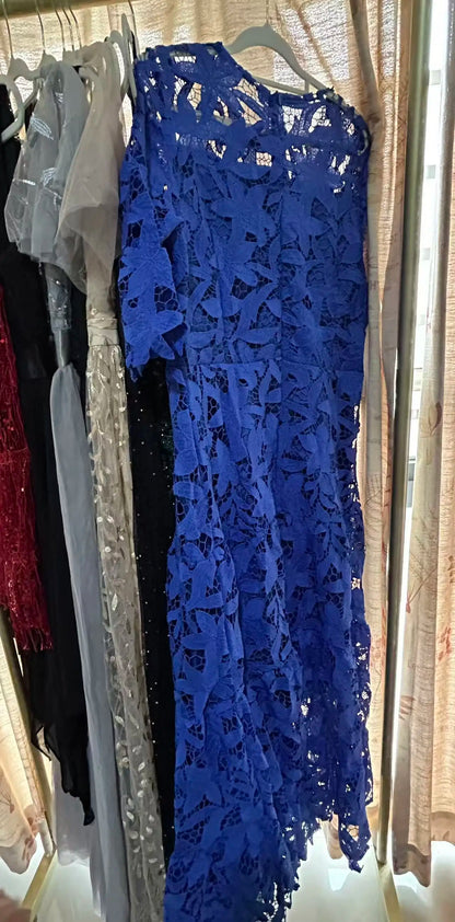 Vestido longo formal plus size, de renda sexy, vazado, com barra mullet e mangas curtas, azul royal