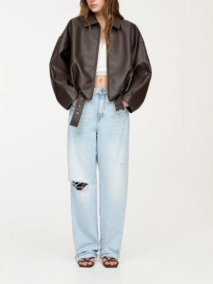 Jaqueta de Couro Feminina KIDCRKJ Moda Primavera com Gola Entalhada, Zíper, Manga Longa, Casaco Feminino de PU com Amarração, Sobretudo Solto
