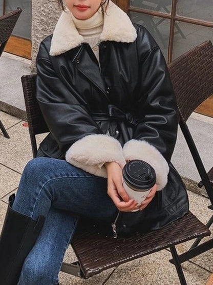 Sungtin 2023 Winter Faux Leather Jackets for Women Fur Collar Fleece Lined PU Leather Coat with Belt Black Loose Outwear Mujer