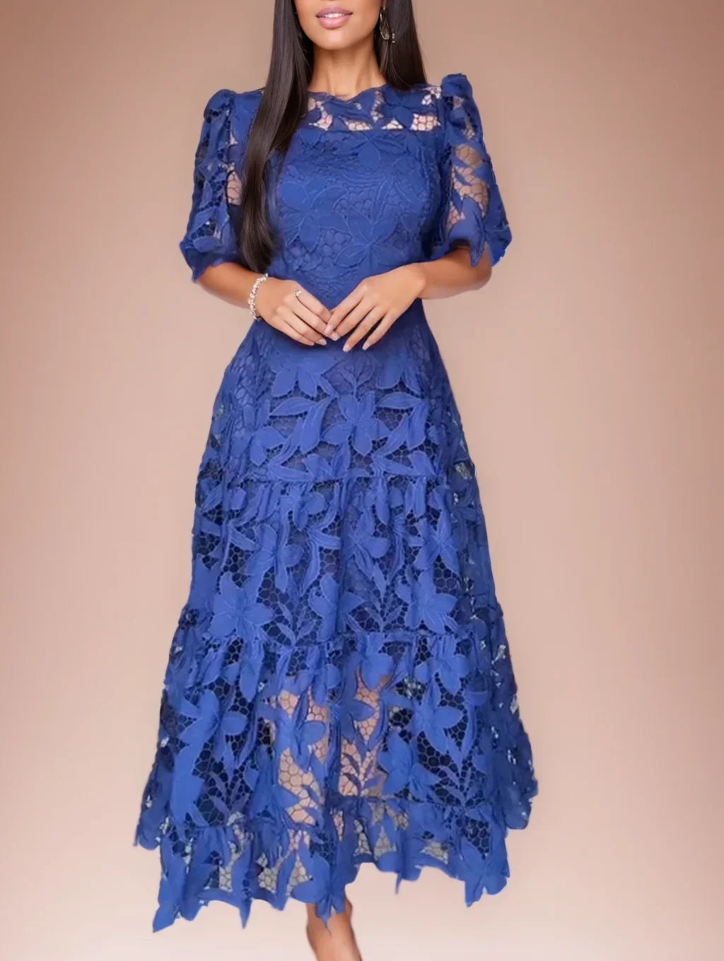 Vestido longo formal plus size, de renda sexy, vazado, com barra mullet e mangas curtas, azul royal