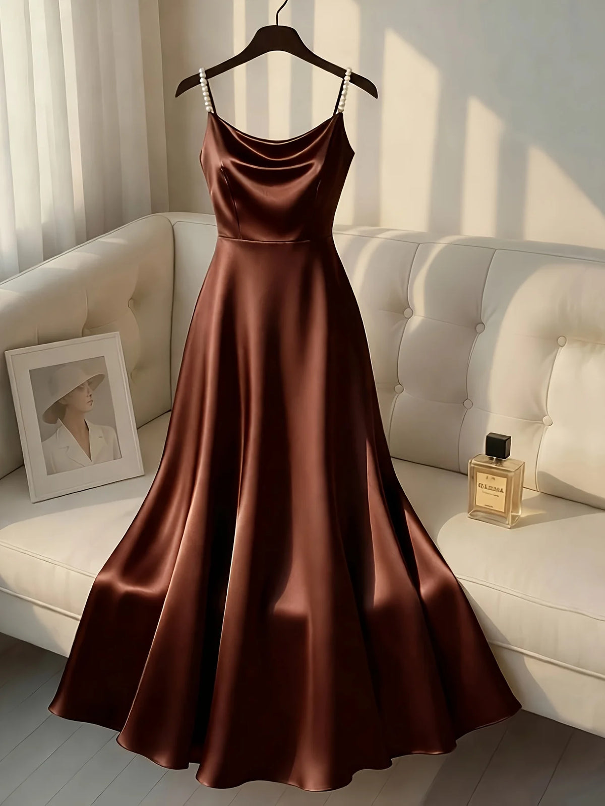 Vestido Retrô de Cetim com Alça de Pérolas. De Design Simples, Estiloso e Elegante, Ideal para Festas, Casamentos, Encontros e o Dia a Dia.