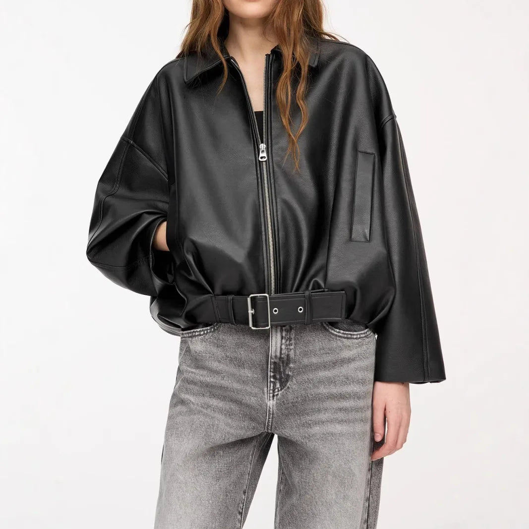 Jaqueta de Couro Feminina KIDCRKJ Moda Primavera com Gola Entalhada, Zíper, Manga Longa, Casaco Feminino de PU com Amarração, Sobretudo Solto