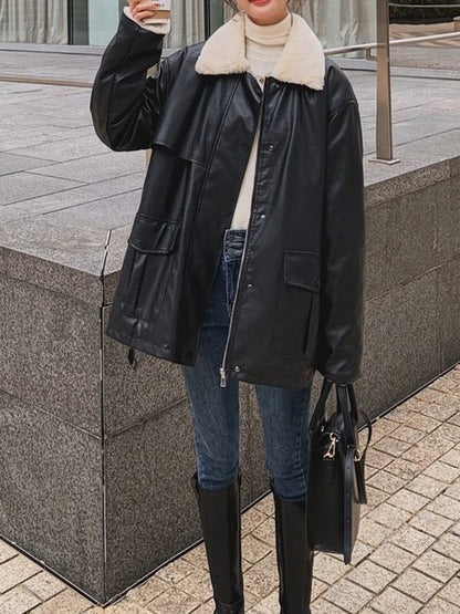 Sungtin 2023 Winter Faux Leather Jackets for Women Fur Collar Fleece Lined PU Leather Coat with Belt Black Loose Outwear Mujer