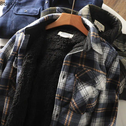 Autumn Winter Men's Fleece Linend Warm Shirt Jackets Thickened Long Sleeve Flannel Checked Shirts Vintage Casual Men Shirt Coats