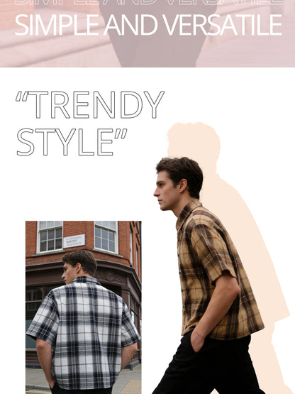 Men's College Style Casual Short Sleeved Checkered Shirt, Suitable For Spring And Autumn Campus Wear And Daily Travel