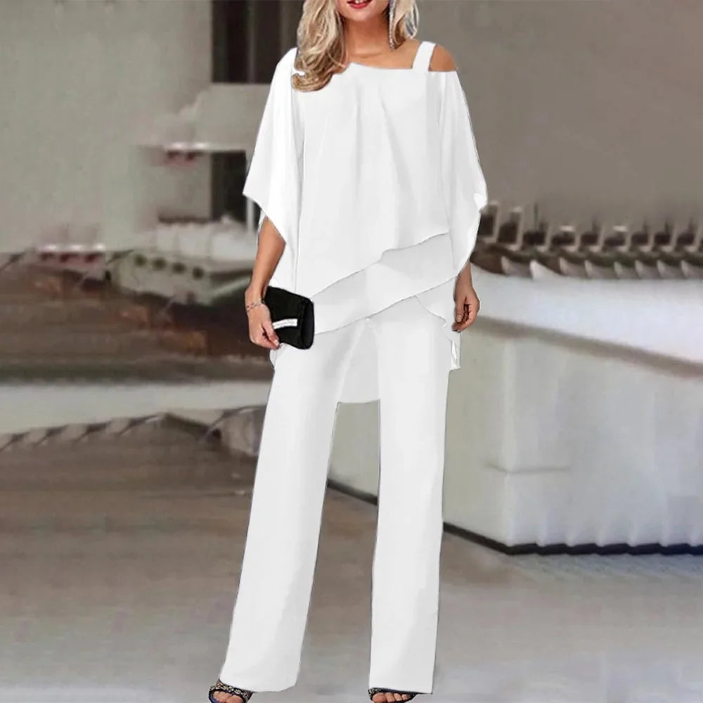 Women Trousers Sets Two Pieces Sale Sexy Off Shoulder Half Batwing Sleeve Blouse&OL Wide Leg Loose Pant Suits NMD-6666