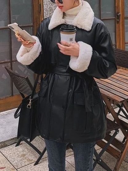 Sungtin 2023 Winter Faux Leather Jackets for Women Fur Collar Fleece Lined PU Leather Coat with Belt Black Loose Outwear Mujer