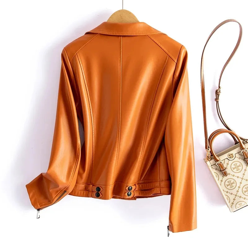 Jaqueta de couro legítimo feminina estilo streetwear, segunda camada em pele de carneiro, casaco curto, outono inverno, verde, motoqueira, agasalho casual