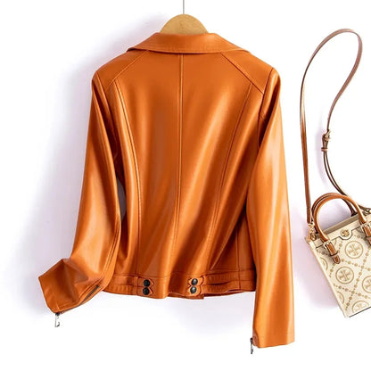 Jaqueta de couro legítimo feminina estilo streetwear, segunda camada em pele de carneiro, casaco curto, outono inverno, verde, motoqueira, agasalho casual