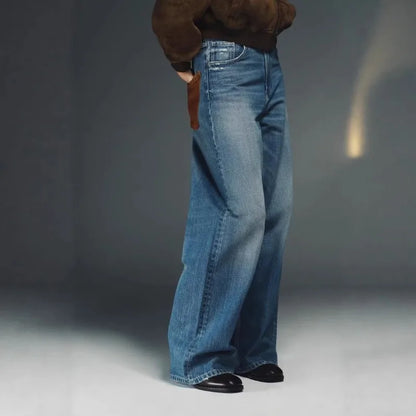 Deeptown Baggy Women Blue Jeans Vintage Casual PU Leather Brown Patchwork Straight Denim Trousers Classic Basic Chic Female Jean