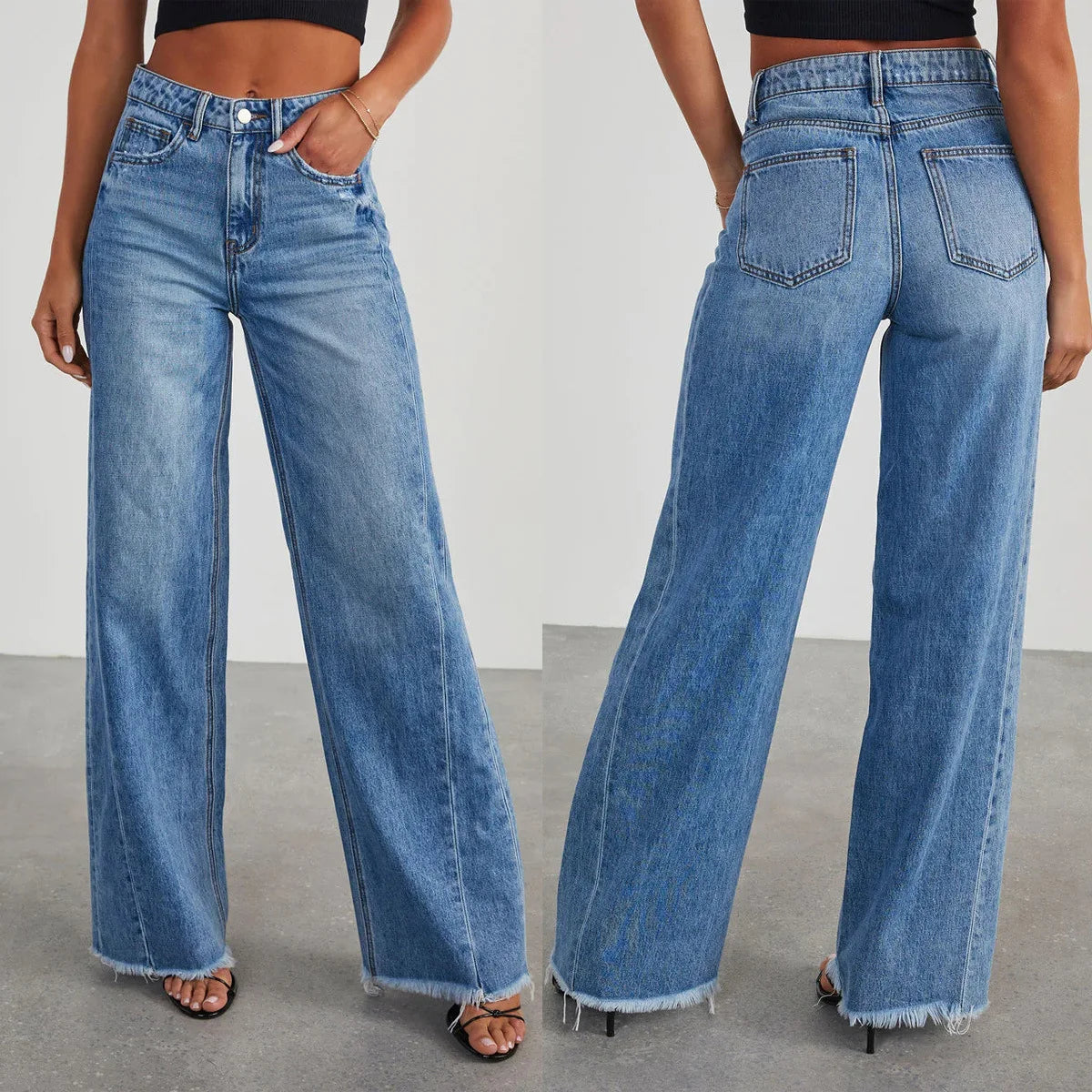 Calça Jeans Feminina Primavera Verão, Cor Sólida, Modelagem Larga, Costura Lateral e Barra Desfiada