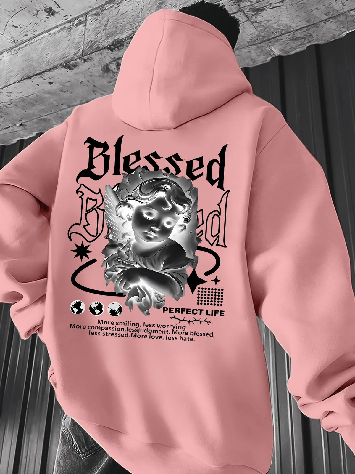 Moletom Masculino Aesthetic com Capuz Angel Hip Hop Esportivo Streetwear Blessed Vintage Estampa de Querubim Casual Solto Pulôver Blusa