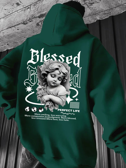 Moletom Masculino Aesthetic com Capuz Angel Hip Hop Esportivo Streetwear Blessed Vintage Estampa de Querubim Casual Solto Pulôver Blusa