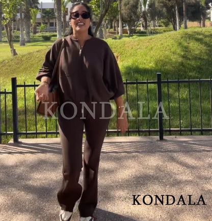 KONDALA Sports Casual Pants Set Women Vintage Brown Zipper Bomber Jacket, Flared Pants 2 Pieces Set 2026 Spring Trendy Chic Set
