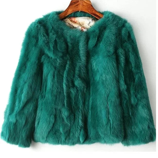 2024 New Women's Real Fur Coat High-waist Round Collar Cardigan Long-sleeved Slim Fit  Rabbit   Jacket Women T197