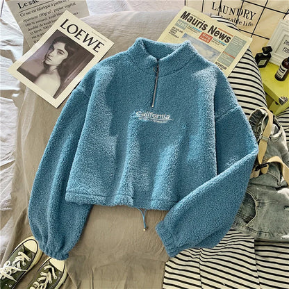 Moletom Feminino de Gola Alta com Capuz e Recorte, Outono com Bordado de Letras, Manga Longa, Cordão e Pelúcia Elegante