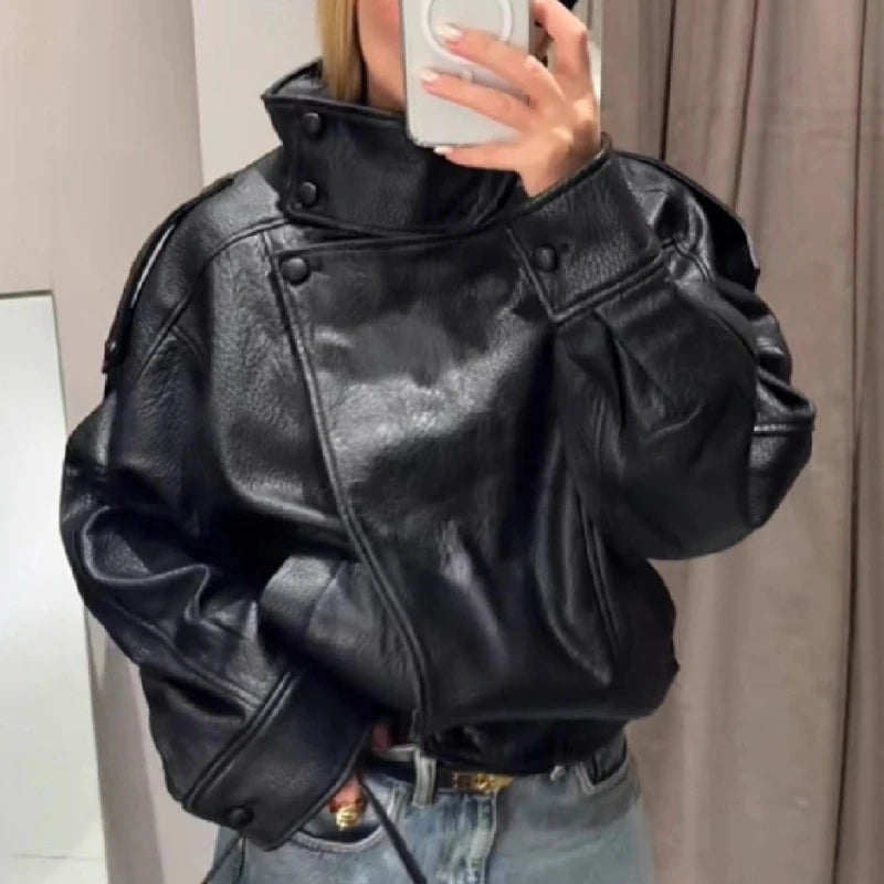 Spring Summer 2026 New Fashion Lapel Leather Jacket Women's Loose Outerwear Black Motorcycle Style Top