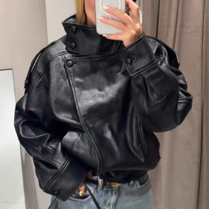 Spring Summer 2026 New Fashion Lapel Leather Jacket Women's Loose Outerwear Black Motorcycle Style Top