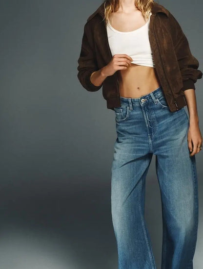 Deeptown Baggy Women Blue Jeans Vintage Casual PU Leather Brown Patchwork Straight Denim Trousers Classic Basic Chic Female Jean