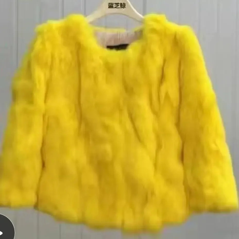 2024 New Women's Real Fur Coat High-waist Round Collar Cardigan Long-sleeved Slim Fit  Rabbit   Jacket Women T197