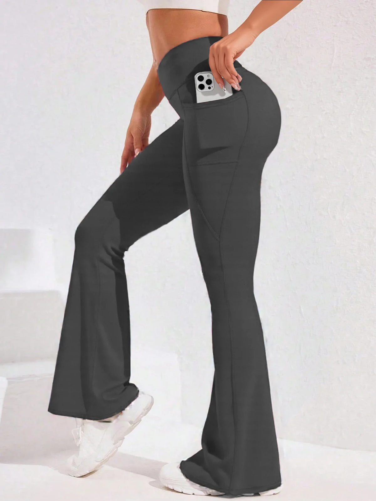 Calça Legging Yoga Feminina Cintura Alta Flare com Bolso Empina Bumbum Calça de Corrida Perna Larga Calça para Academia Esportes ao Ar Livre Ciclismo