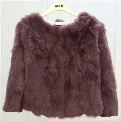 2024 New Women's Real Fur Coat High-waist Round Collar Cardigan Long-sleeved Slim Fit  Rabbit   Jacket Women T197
