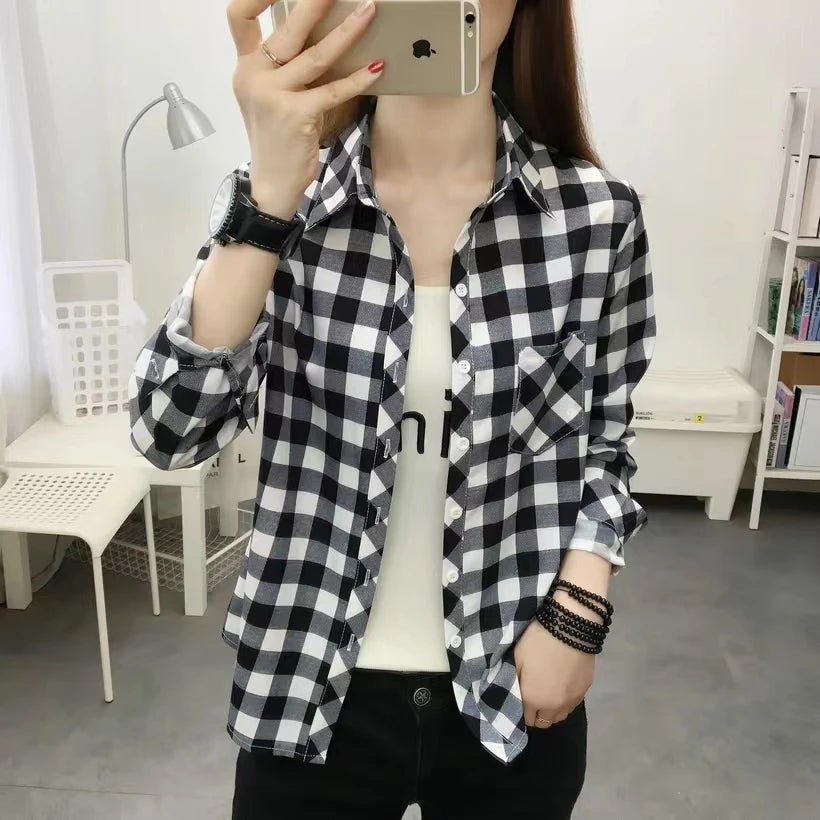 2024Spring and Autumn New College Style Women's Long sleeved Bottom Top Cardigan Long sleeved Fashion Plaid Shirt