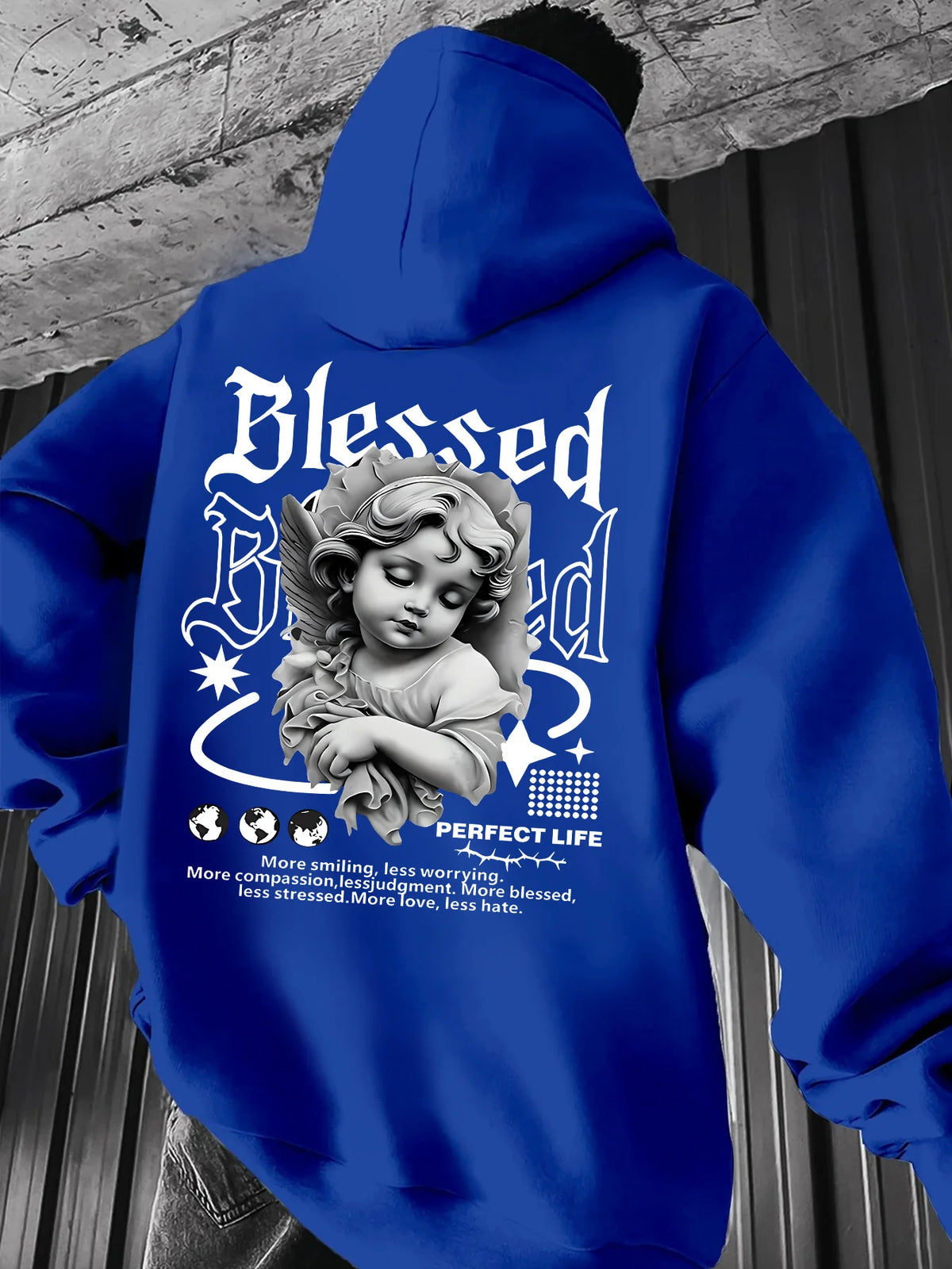 Men's Aesthetic Angel Hoodie Hip Hop Sports Streetwear Blessed Vintage Cherub Print Casual Loose Pullover Sweatshirt Tops