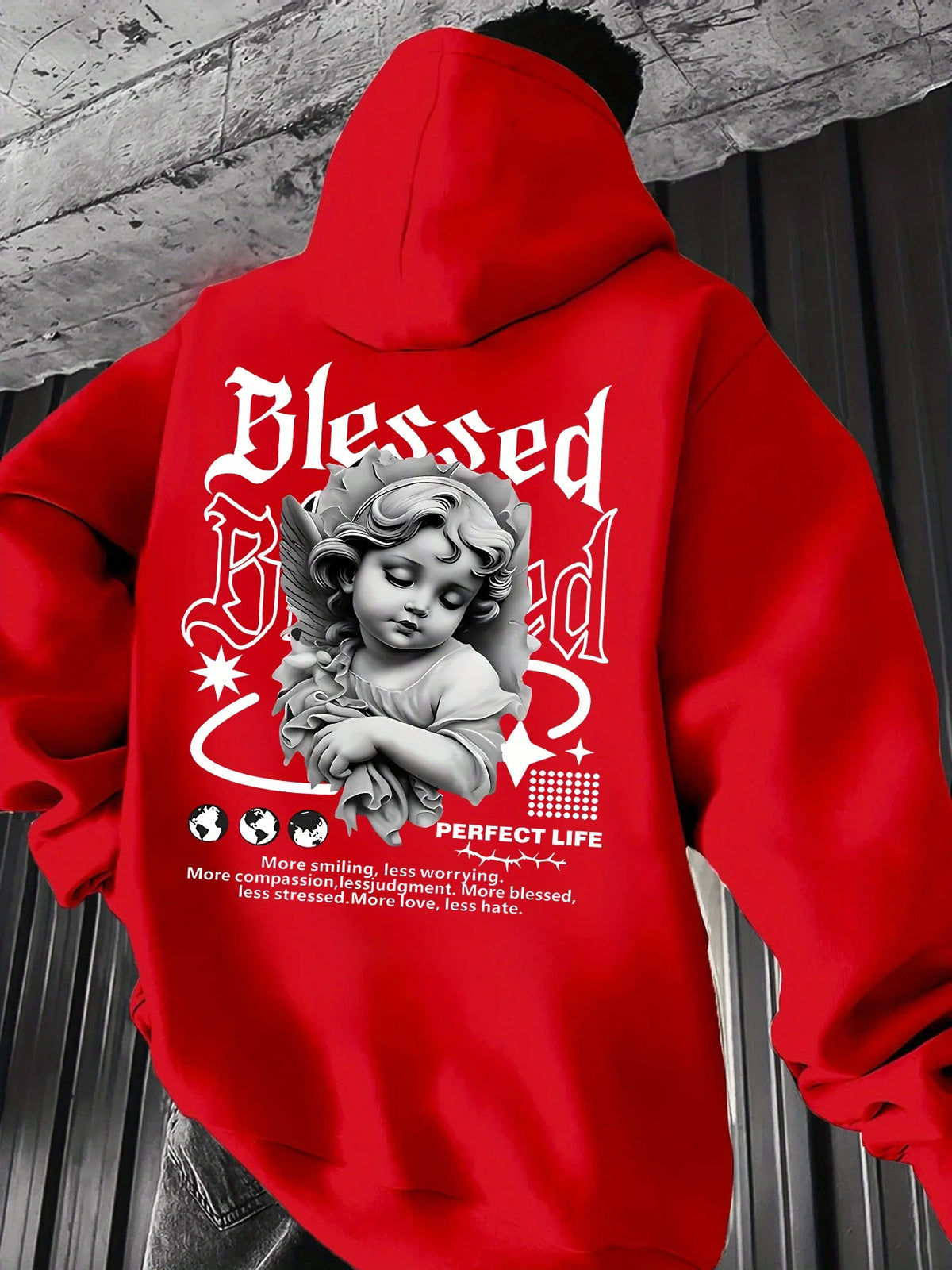 Moletom Masculino Aesthetic com Capuz Angel Hip Hop Esportivo Streetwear Blessed Vintage Estampa de Querubim Casual Solto Pulôver Blusa