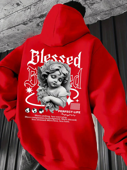 Moletom Masculino Aesthetic com Capuz Angel Hip Hop Esportivo Streetwear Blessed Vintage Estampa de Querubim Casual Solto Pulôver Blusa