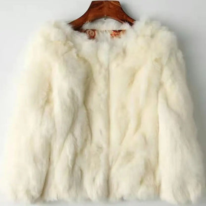 2024 New Women's Real Fur Coat High-waist Round Collar Cardigan Long-sleeved Slim Fit  Rabbit   Jacket Women T197