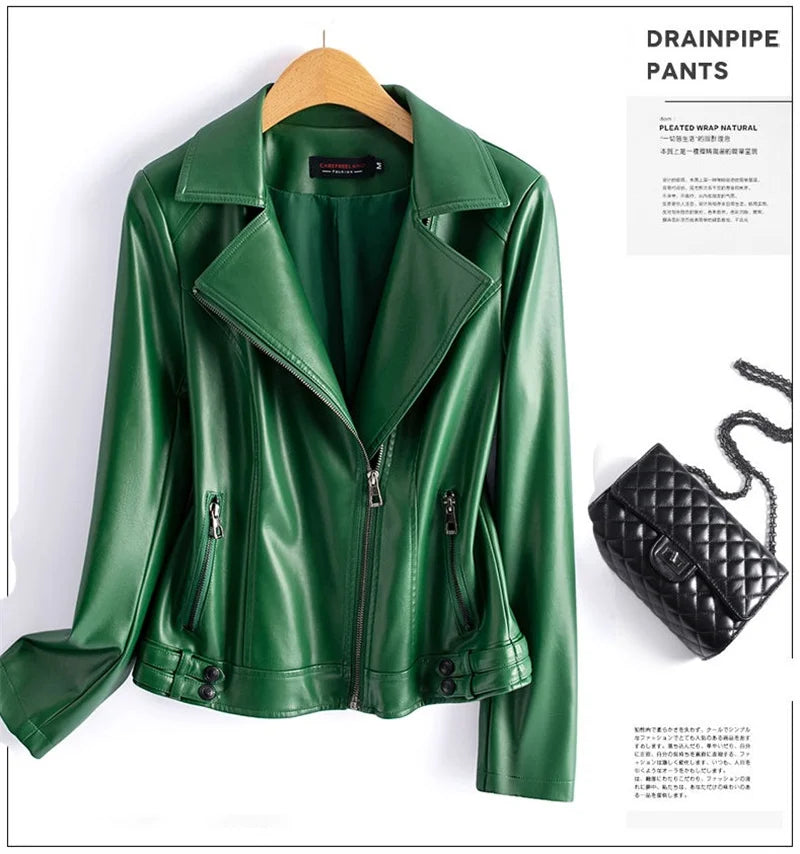 Jaqueta de couro legítimo feminina estilo streetwear, segunda camada em pele de carneiro, casaco curto, outono inverno, verde, motoqueira, agasalho casual