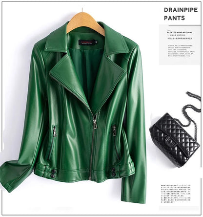 Jaqueta de couro legítimo feminina estilo streetwear, segunda camada em pele de carneiro, casaco curto, outono inverno, verde, motoqueira, agasalho casual
