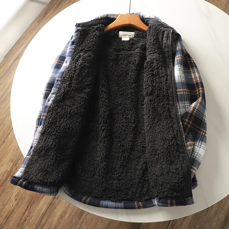 Autumn Winter Men's Fleece Linend Warm Shirt Jackets Thickened Long Sleeve Flannel Checked Shirts Vintage Casual Men Shirt Coats