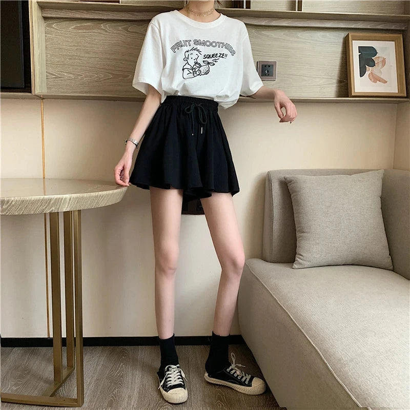 MEXZT 5Xl Summer Shorts Skirts Women Elastic High Waist Casual Wide Leg Shorts Korean A Line Loose Mini Skirt Black Short Pants