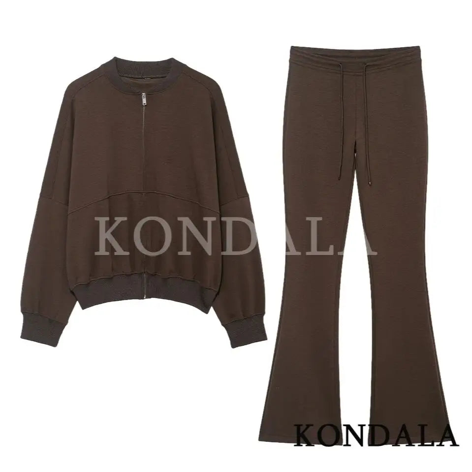 KONDALA Sports Casual Pants Set Women Vintage Brown Zipper Bomber Jacket, Flared Pants 2 Pieces Set 2026 Spring Trendy Chic Set
