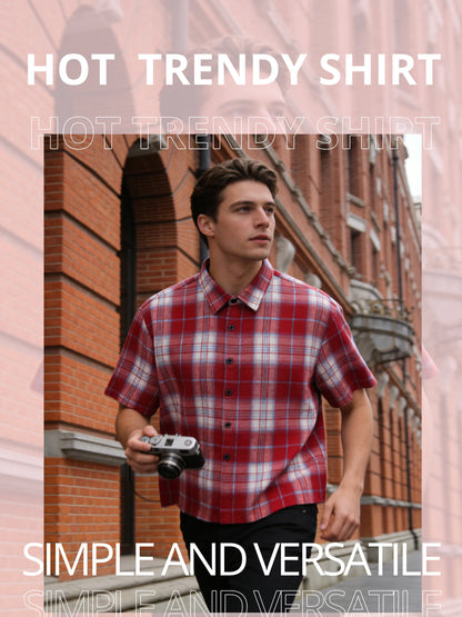 Men's College Style Casual Short Sleeved Checkered Shirt, Suitable For Spring And Autumn Campus Wear And Daily Travel