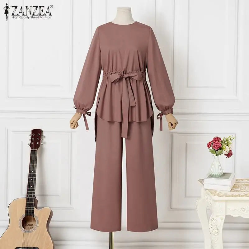 ZANZEA Muslim Women Matching Sets Long Sleeve Solid Color Tops And Loose Pant Suits Elegant Fashion Casual Tracksuit Kaftan 2025