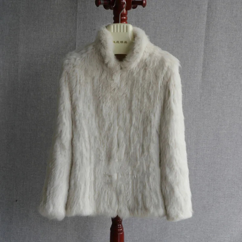 Women Winter Real Rabbit Fur Knitted Coat Female Casual Long Sleeve Genuine Fur Jacket Warm Thick Outwear Femme