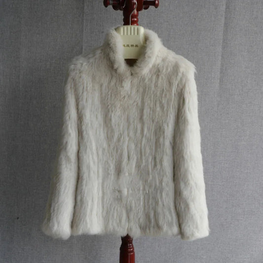 Women Winter Real Rabbit Fur Knitted Coat Female Casual Long Sleeve Genuine Fur Jacket Warm Thick Outwear Femme