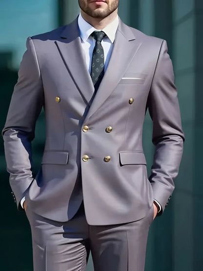 Moda Novos Homens Lazer Boutique Negócios Banquete Cor Sólida Casamento Terno Slim Fit Abotoamento Duplo Blazers Calças