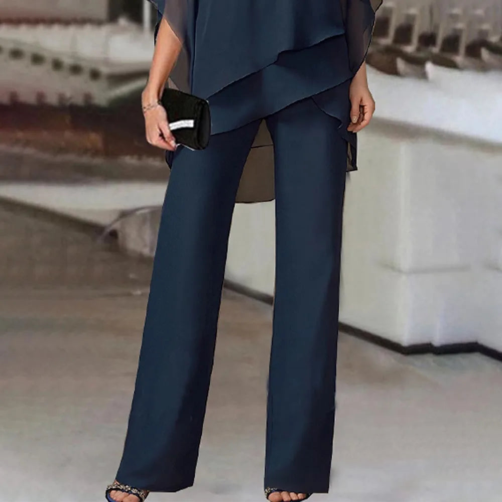 Women Trousers Sets Two Pieces Sale Sexy Off Shoulder Half Batwing Sleeve Blouse&OL Wide Leg Loose Pant Suits NMD-6666