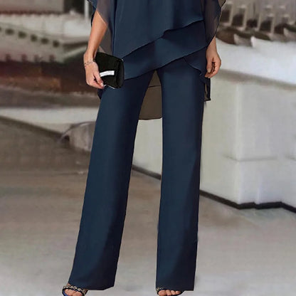 Women Trousers Sets Two Pieces Sale Sexy Off Shoulder Half Batwing Sleeve Blouse&OL Wide Leg Loose Pant Suits NMD-6666