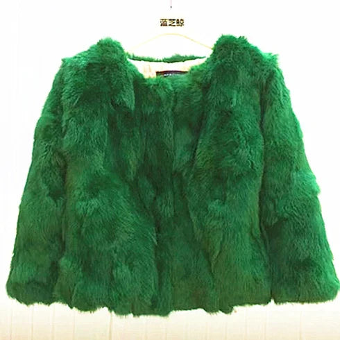 2024 New Women's Real Fur Coat High-waist Round Collar Cardigan Long-sleeved Slim Fit  Rabbit   Jacket Women T197