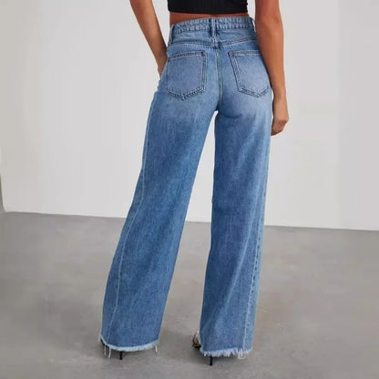 Calça Jeans Feminina Primavera Verão, Cor Sólida, Modelagem Larga, Costura Lateral e Barra Desfiada