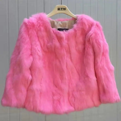 2024 New Women's Real Fur Coat High-waist Round Collar Cardigan Long-sleeved Slim Fit  Rabbit   Jacket Women T197